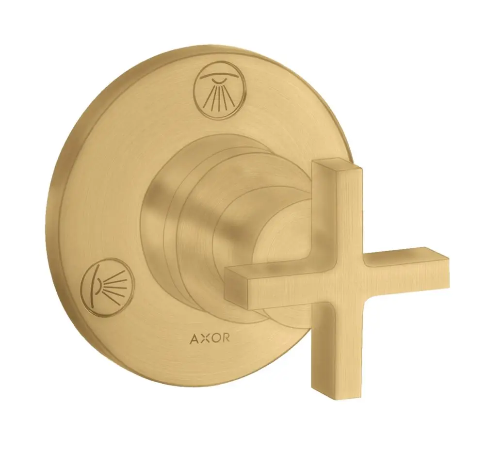 Unterputzventil mit Kreuzgriff in Brushed Gold Optik von AXOR, ausgestattet mit Symbolen zur Einstellung von Ab- und Umstellfunktionen.